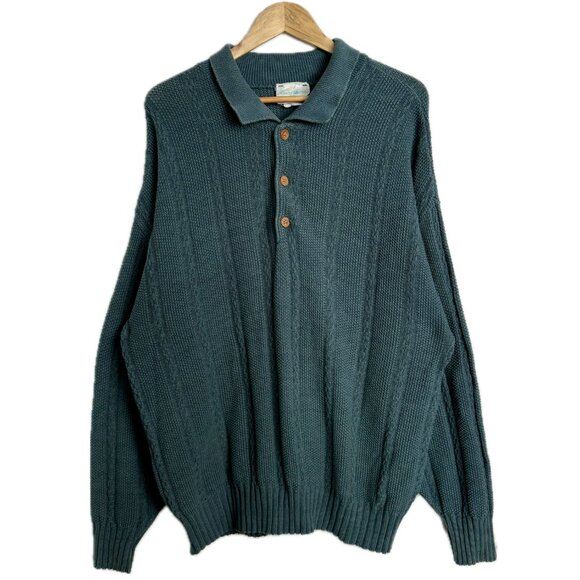 Vintage Sweater Men Large Green Polo Textured Knit Cotton 80s 90s Golf Grandpa - Picture 1 of 15